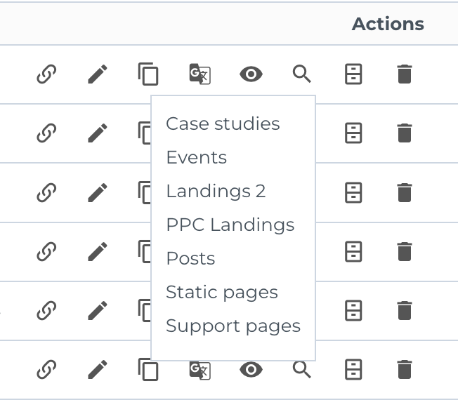 Page list and actions
